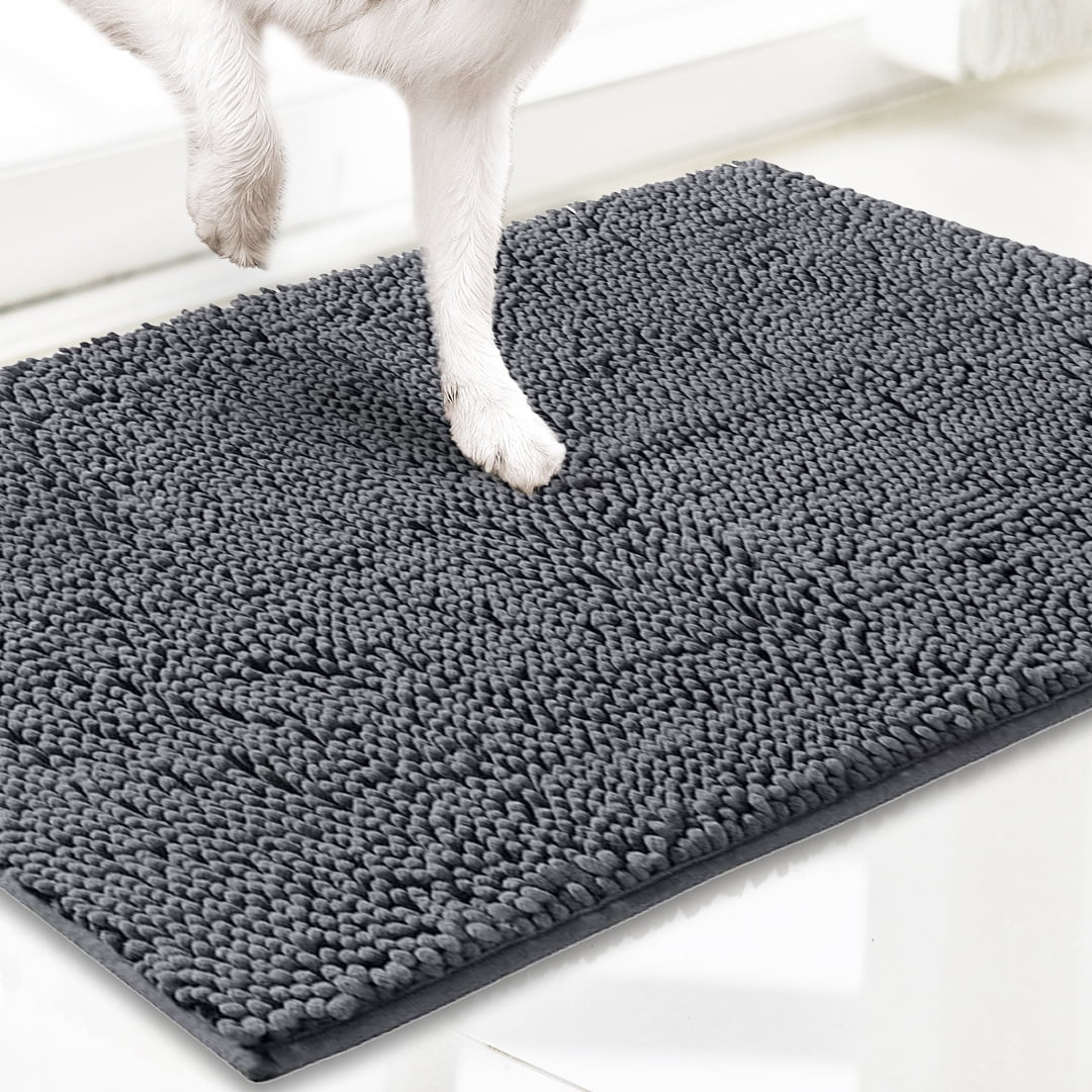 Grey chenille microfiber door mat & pet rug, non-slip, washable, 35”x24” – soft indoor/outdoor mat by Fursbliss.