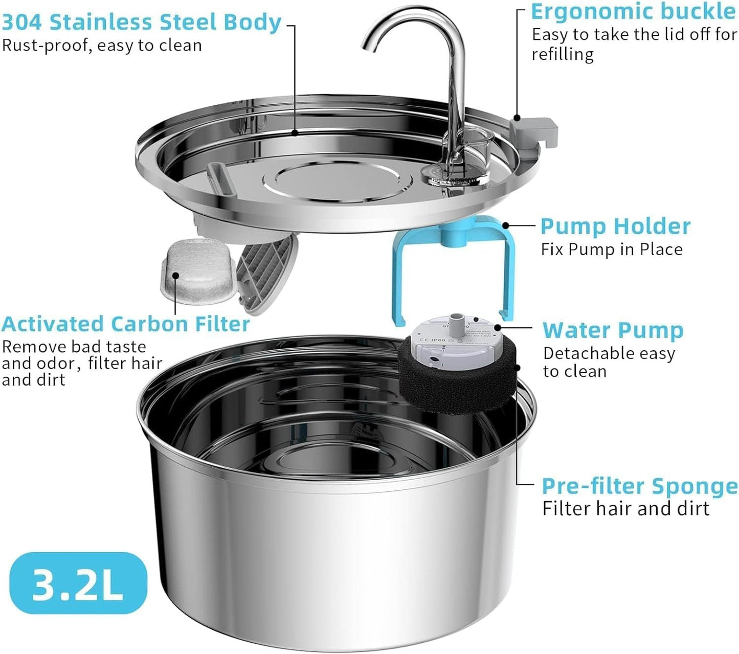 Cat Water Fountain Stainless Ste Cat Fountain for Drinking Large Capacity Pet Water Fountain Cat Feeding & Watering Supplies