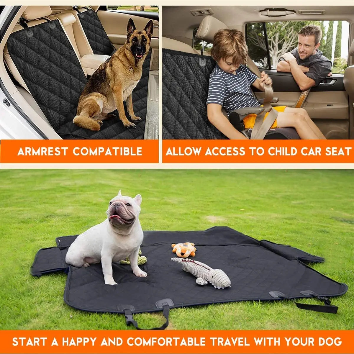 Black waterproof dog car seat cover with non-slip backing and armrest fit; protects back seat in cars, trucks, and SUVs.
