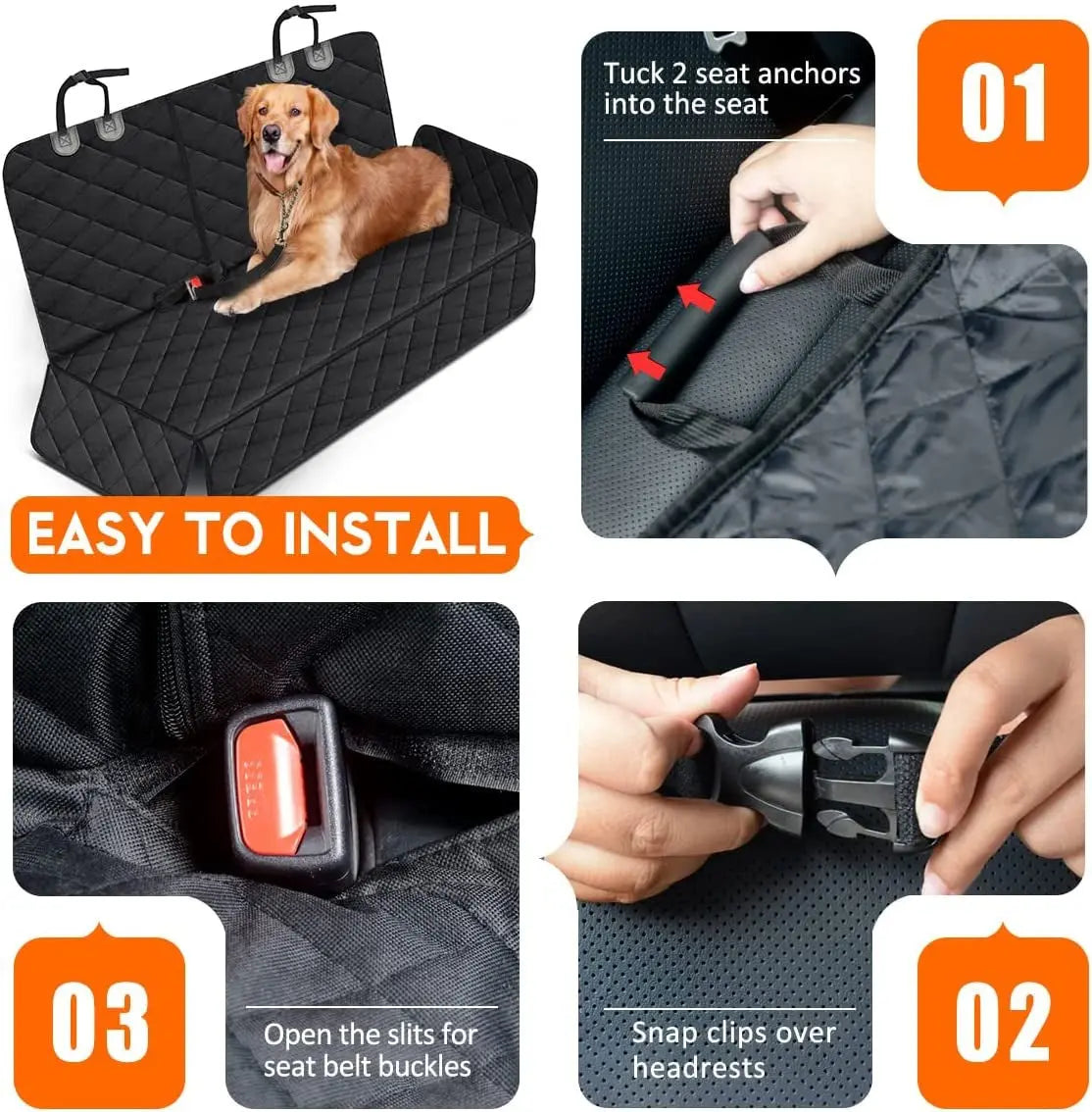 Black waterproof dog car seat cover with non-slip backing and armrest fit; protects back seat in cars, trucks, and SUVs.