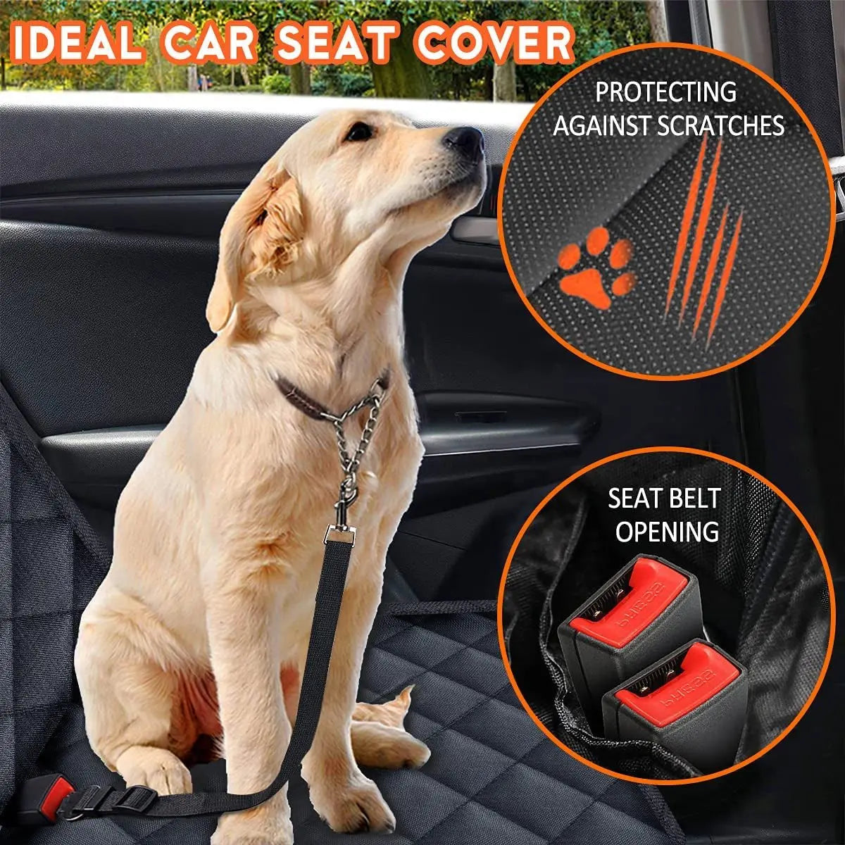 Black waterproof dog car seat cover with non-slip backing and armrest fit; protects back seat in cars, trucks, and SUVs.