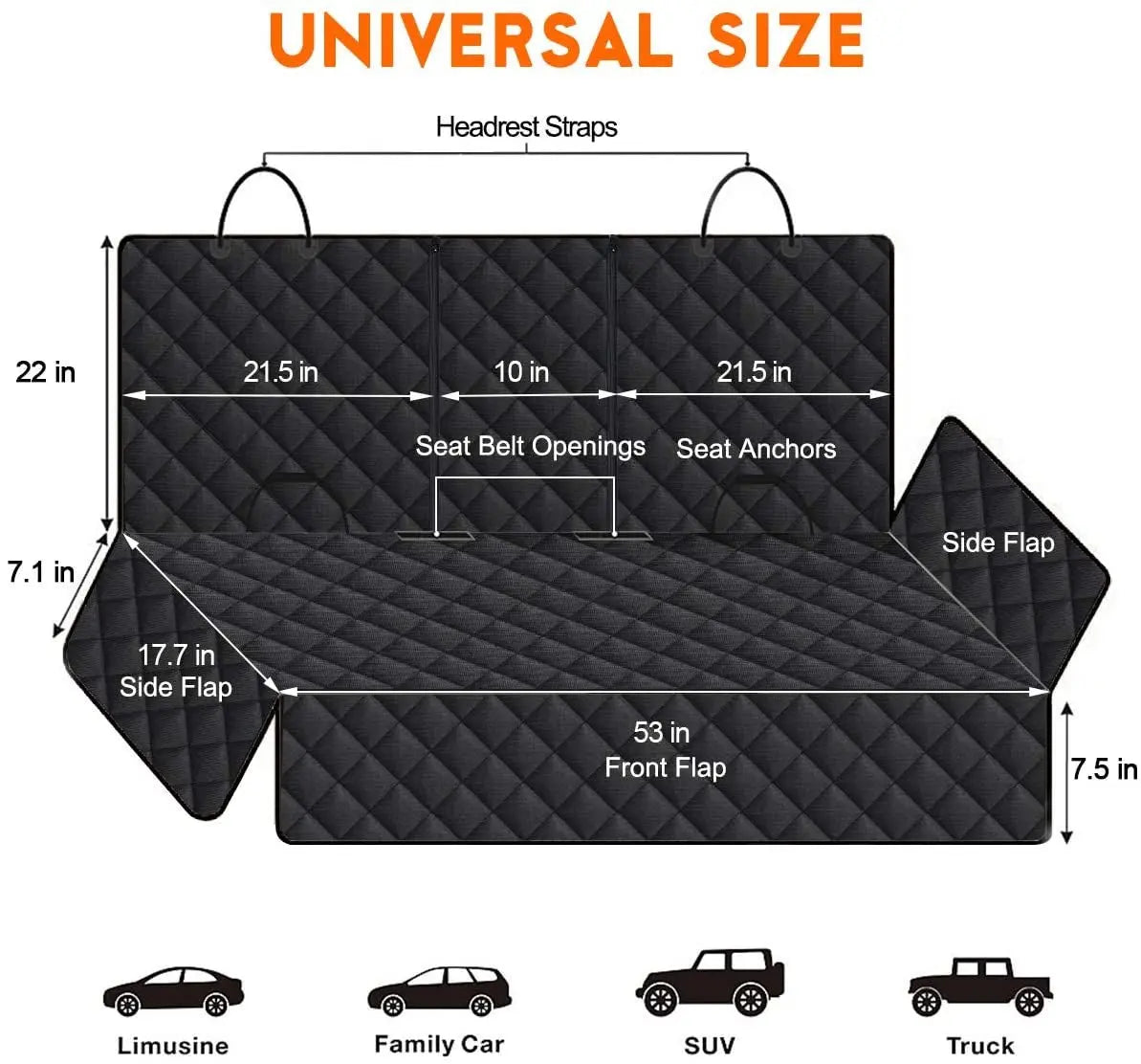 Black waterproof dog car seat cover with non-slip backing and armrest fit; protects back seat in cars, trucks, and SUVs.