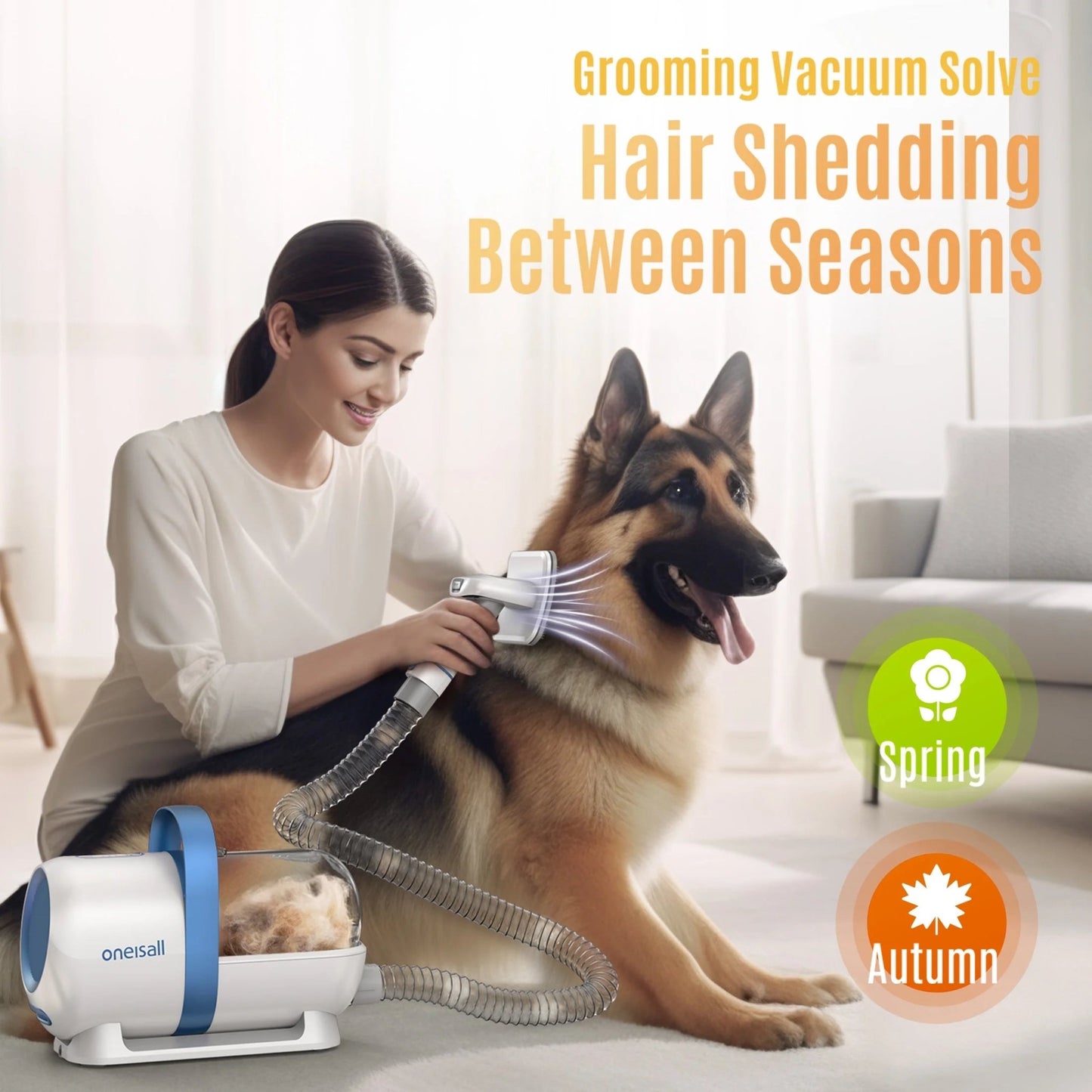 Blue LM5 Dog Grooming Vacuum Kit with 5 tools, 1.5L dust cup, low noise—ideal for dogs and cats.
