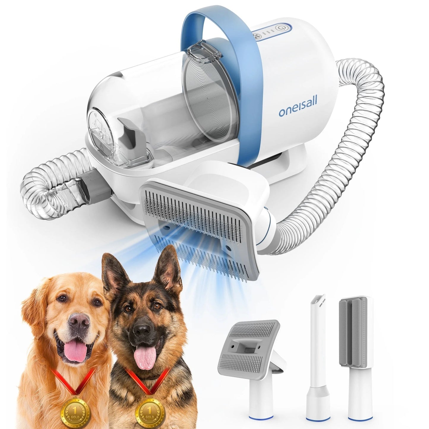 Blue LM5 Dog Grooming Vacuum Kit with 5 tools, 1.5L dust cup, low noise—ideal for dogs and cats.