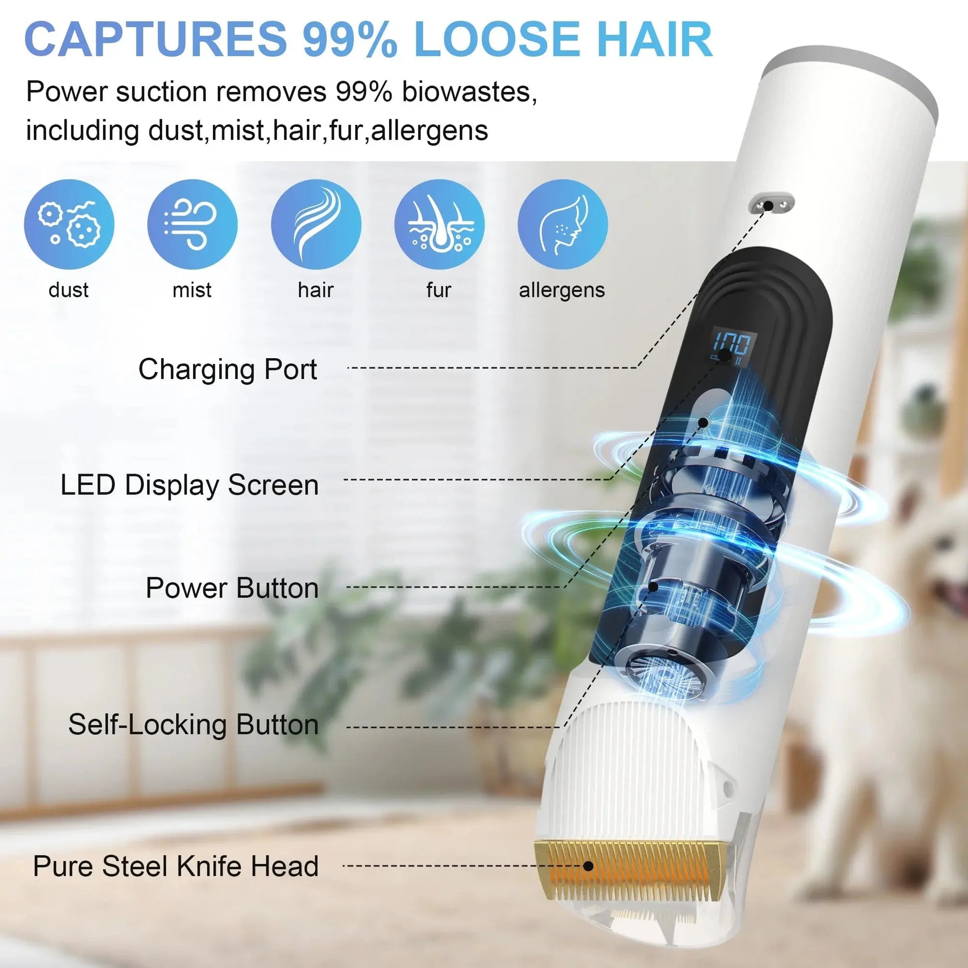 White 14Kpa pet grooming vacuum kit with 5 tools, 3 suction modes, low noise, captures 99% hair – for dogs and cats.