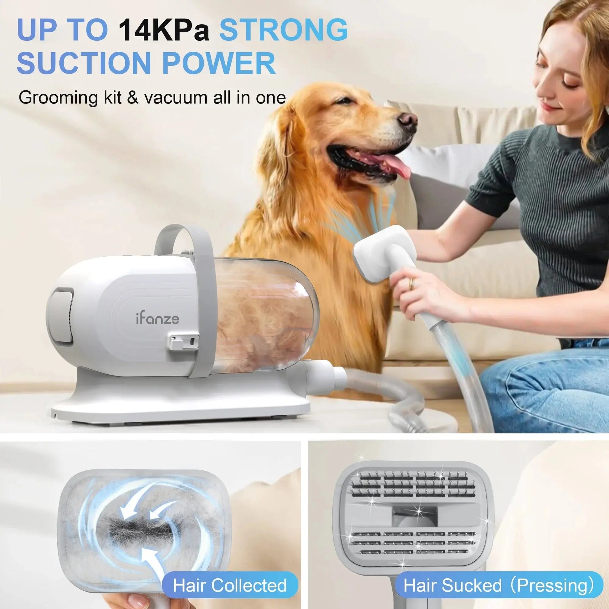 White 14Kpa pet grooming vacuum kit with 5 tools, 3 suction modes, low noise, captures 99% hair – for dogs and cats.