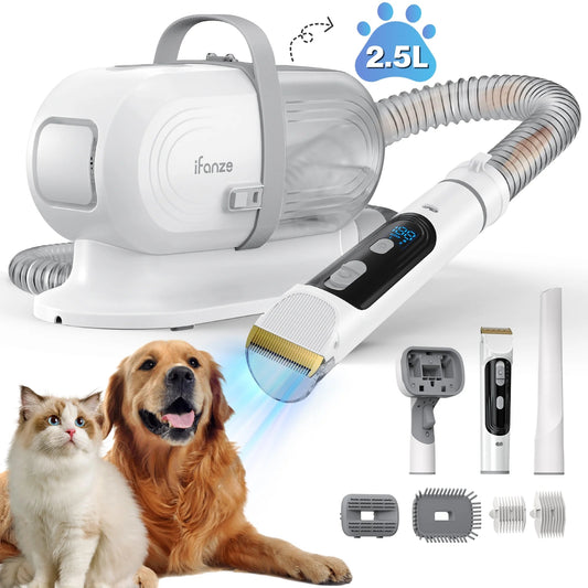 White 14Kpa pet grooming vacuum kit with 5 tools, 3 suction modes, low noise, captures 99% hair – for dogs and cats.