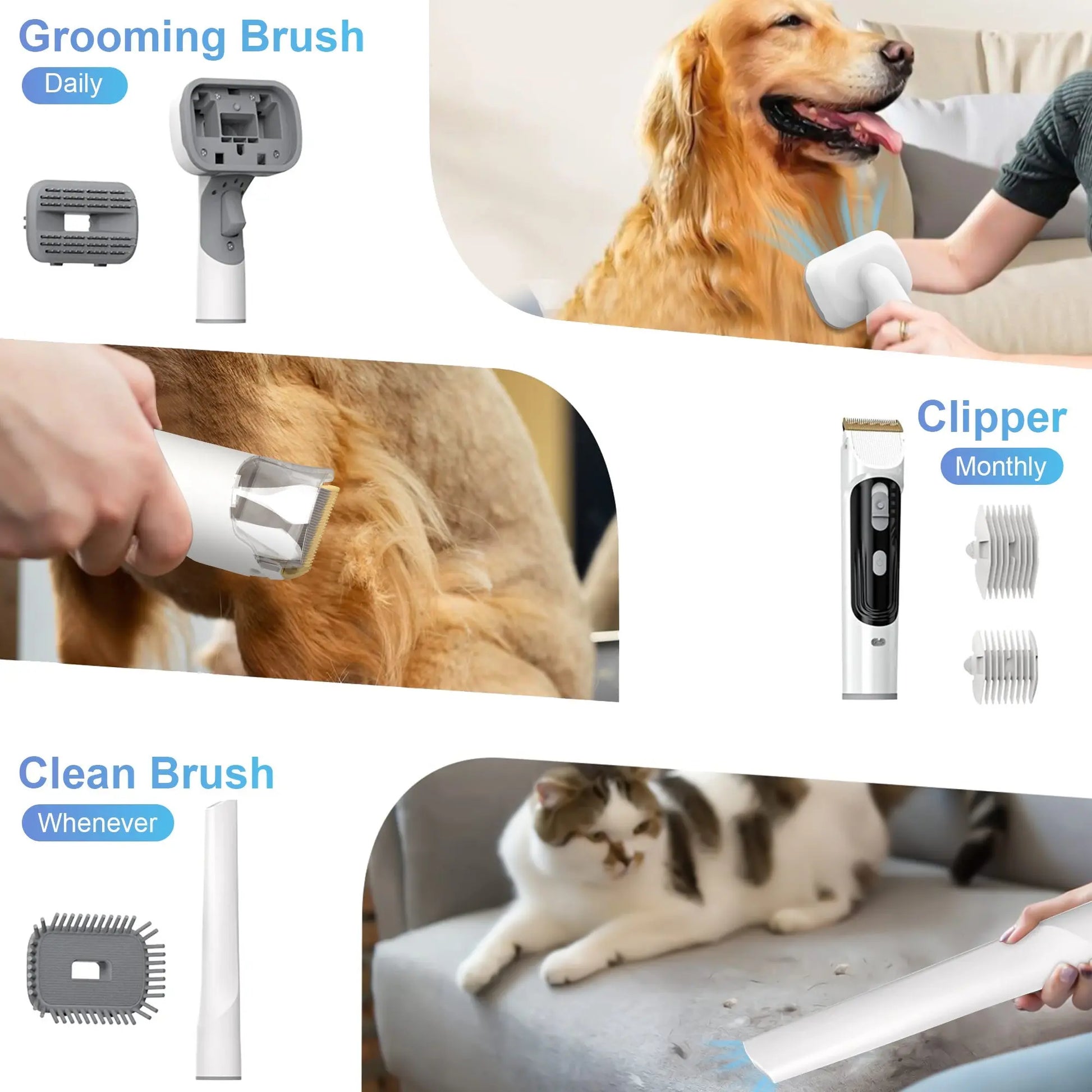 White 14Kpa pet grooming vacuum kit with 5 tools, 3 suction modes, low noise, captures 99% hair – for dogs and cats.