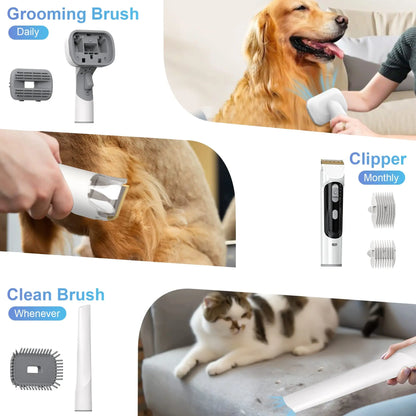 White 14Kpa pet grooming vacuum kit with 5 tools, 3 suction modes, low noise, captures 99% hair – for dogs and cats.