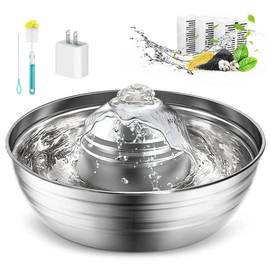 Stainless steel 2L cat water fountain with quiet pump and 3 filters for clean, automatic hydration – Fursbliss.