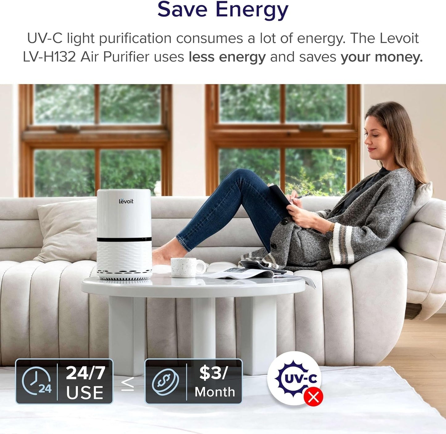 White air purifier for home or office with filter for smoke, dust, pollen; includes night light – Fursbliss LV-H132.