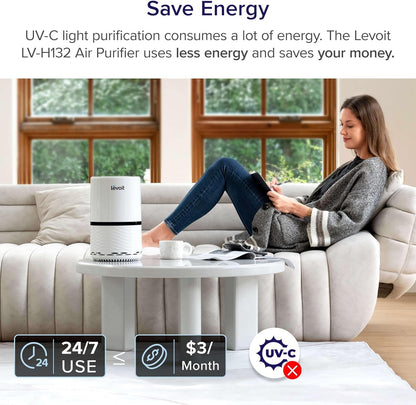 White air purifier for home or office with filter for smoke, dust, pollen; includes night light – Fursbliss LV-H132.