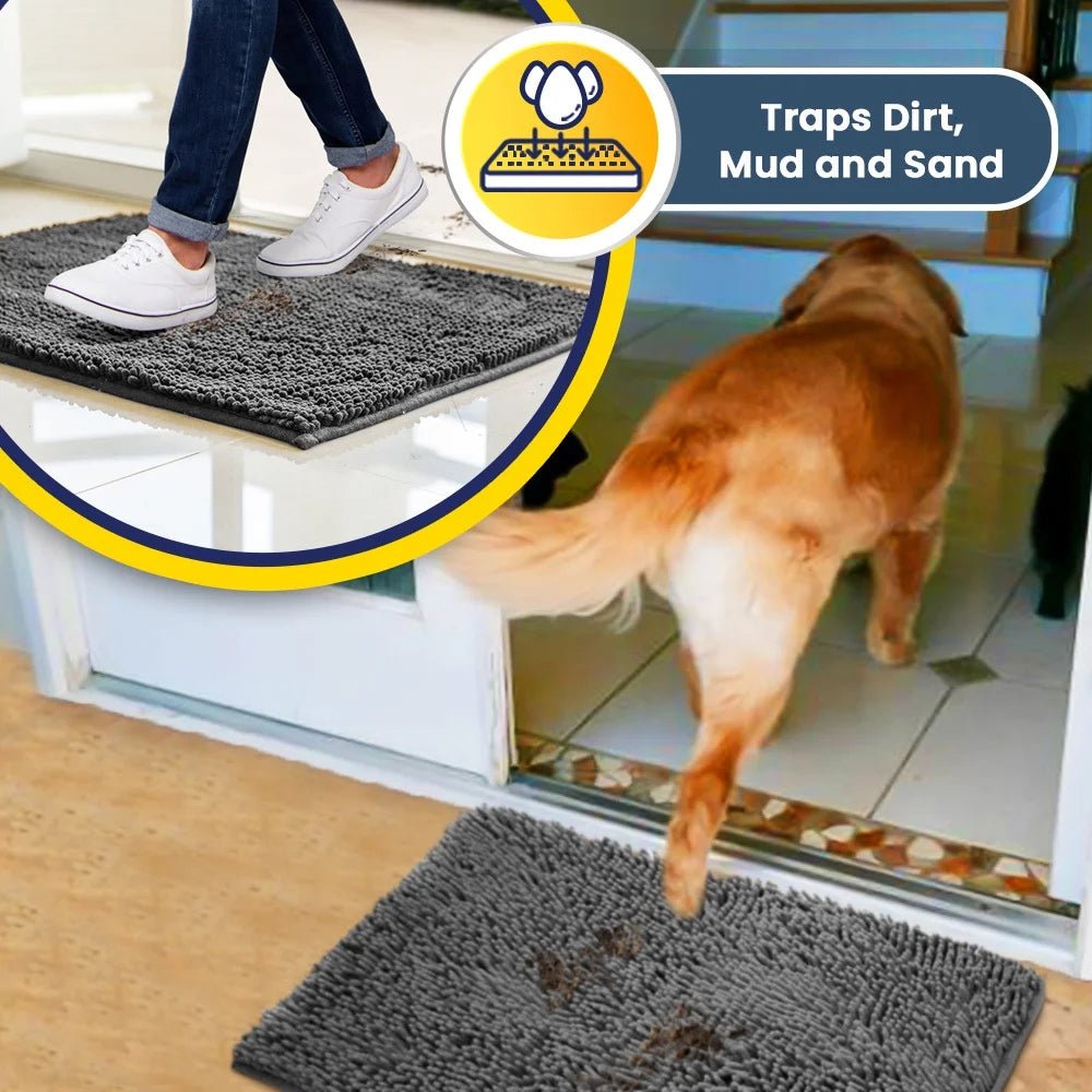 Grey chenille microfiber door mat & pet rug, non-slip, washable, 35”x24” – soft indoor/outdoor mat by Fursbliss.