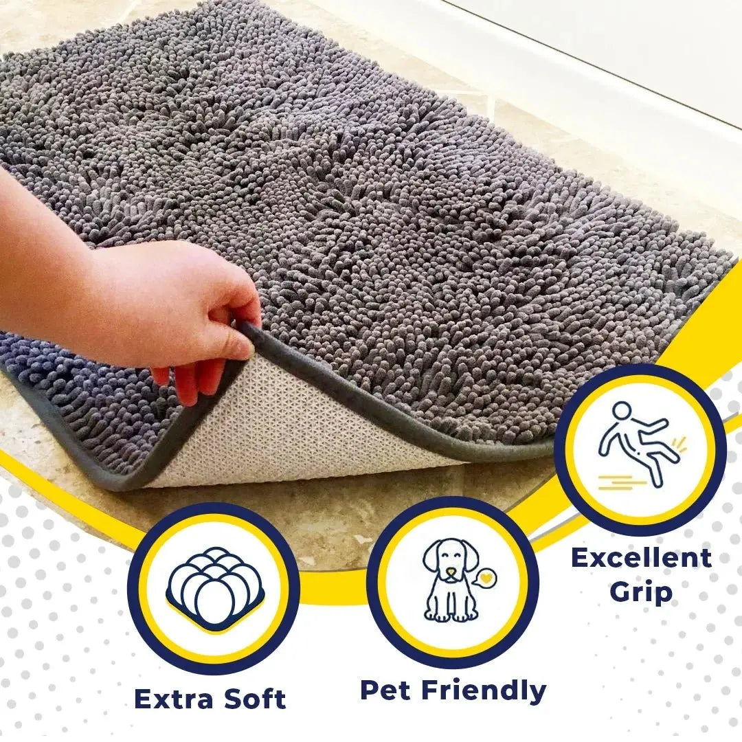 Grey chenille microfiber door mat & pet rug, non-slip, washable, 35”x24” – soft indoor/outdoor mat by Fursbliss.
