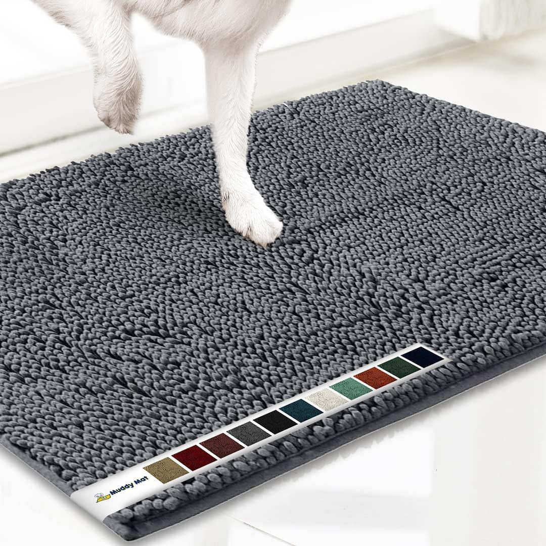 Grey chenille microfiber door mat & pet rug, non-slip, washable, 35”x24” – soft indoor/outdoor mat by Fursbliss.