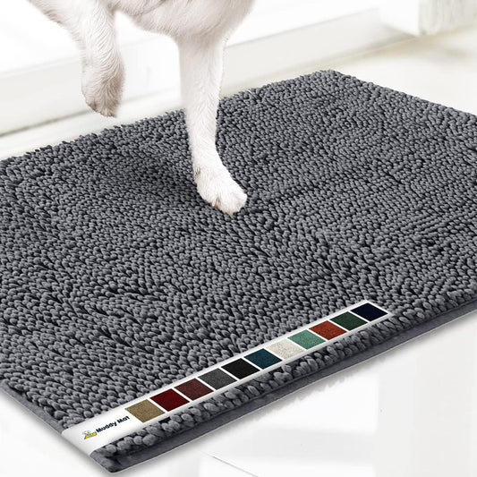 Grey chenille microfiber door mat & pet rug, non-slip, washable, 35”x24” – soft indoor/outdoor mat by Fursbliss.