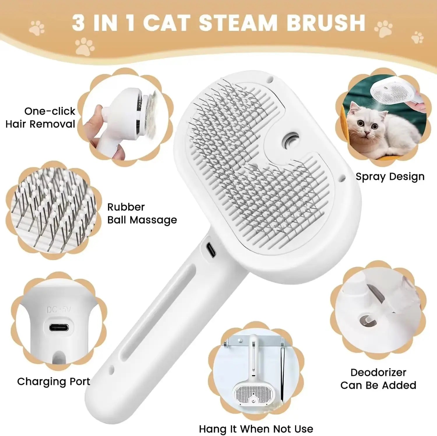Cat Steam Brush Steamy Dog Brush 3 in 1 Electric Spray Cat Hair Brushes for Massage Pet Grooming Comb Hair Removal Combs