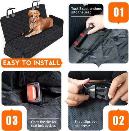 Black waterproof dog car seat cover with non-slip backing and armrest fit; protects back seat in cars, trucks, and SUVs.
