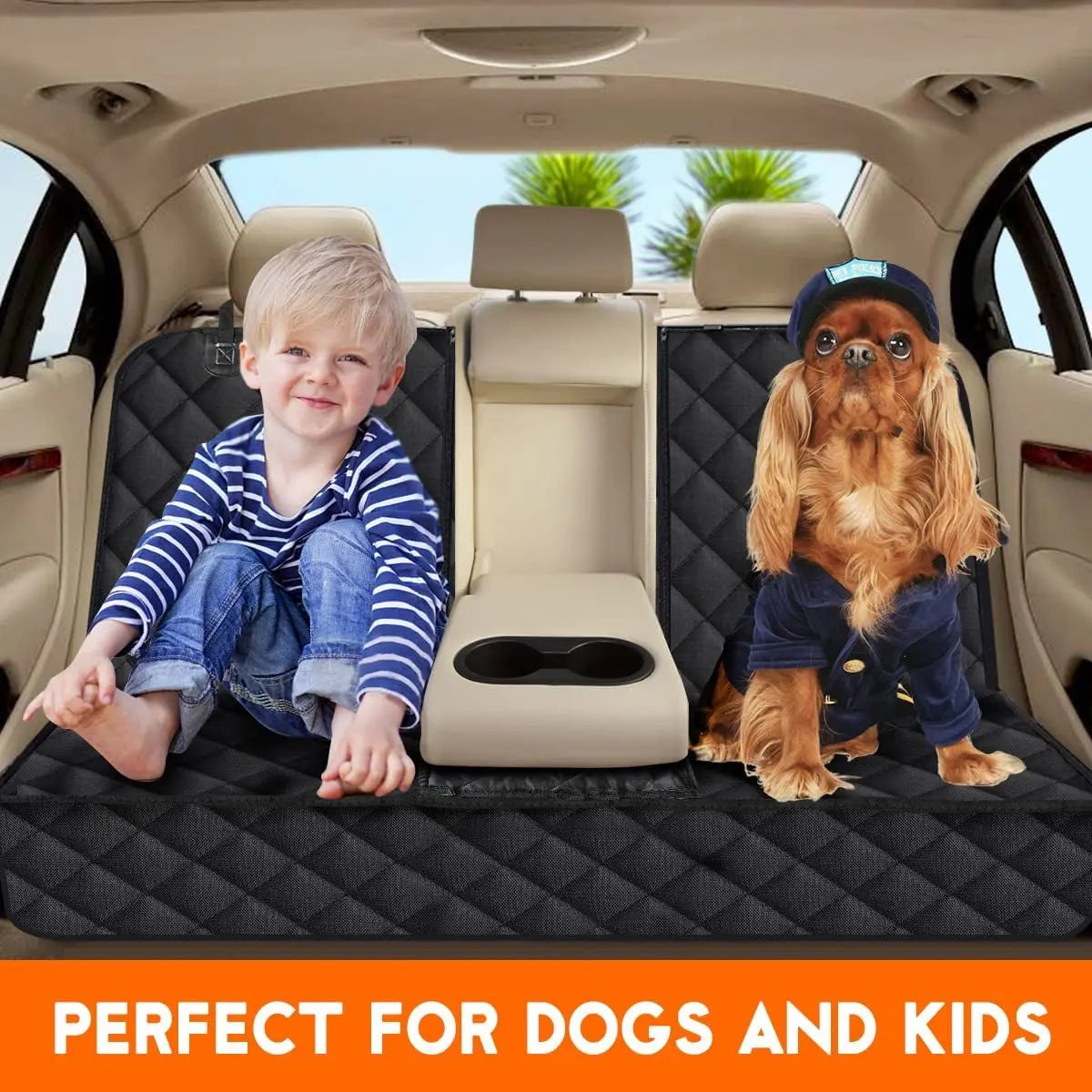 Black waterproof dog car seat cover with non-slip backing and armrest fit; protects back seat in cars, trucks, and SUVs.
