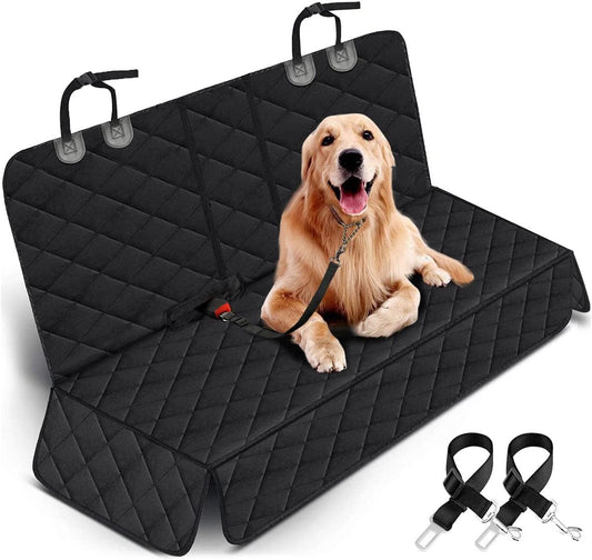 Black waterproof dog car seat cover with non-slip backing and armrest fit; protects back seat in cars, trucks, and SUVs.