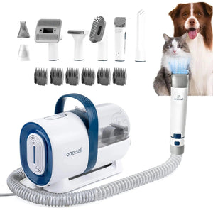 7-in-1 Low Noise Dog Grooming Vacuum with Dust Cup and multiple grooming tools for pets shown with dog and cat.