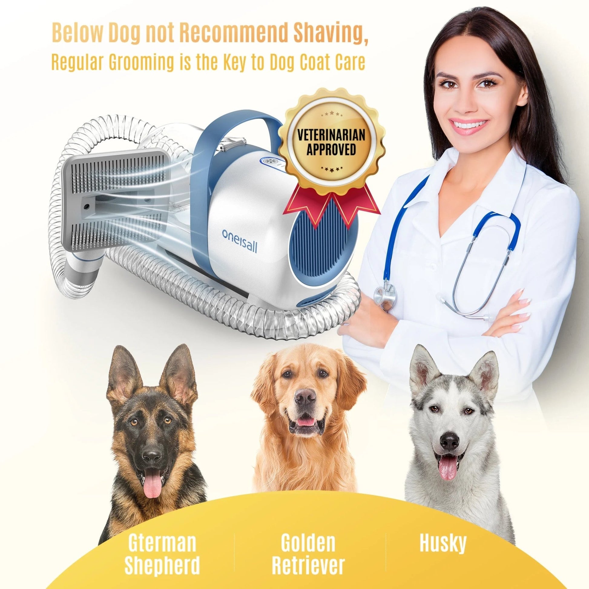 Blue LM5 Dog Grooming Vacuum Kit with 5 tools, 1.5L dust cup, low noise—ideal for dogs and cats.