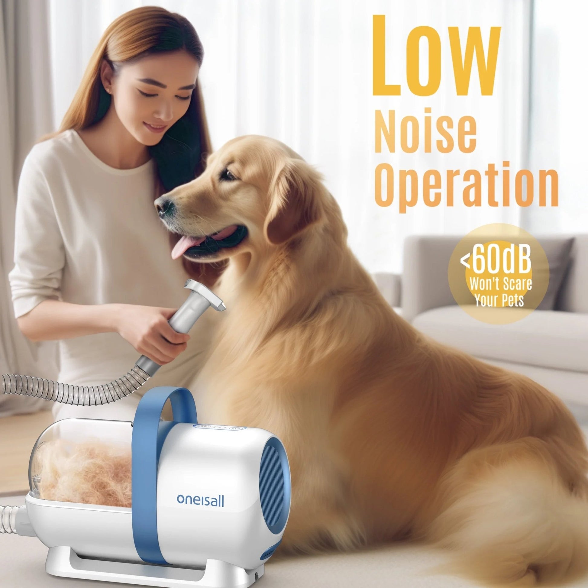 Blue LM5 Dog Grooming Vacuum Kit with 5 tools, 1.5L dust cup, low noise—ideal for dogs and cats.