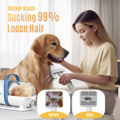 Blue LM5 Dog Grooming Vacuum Kit with 5 tools, 1.5L dust cup, low noise—ideal for dogs and cats.