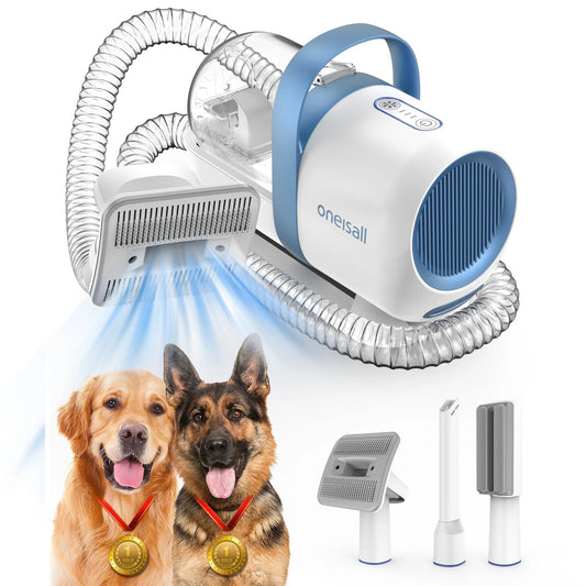 Blue LM5 Dog Grooming Vacuum Kit with 5 tools, 1.5L dust cup, low noise—ideal for dogs and cats.